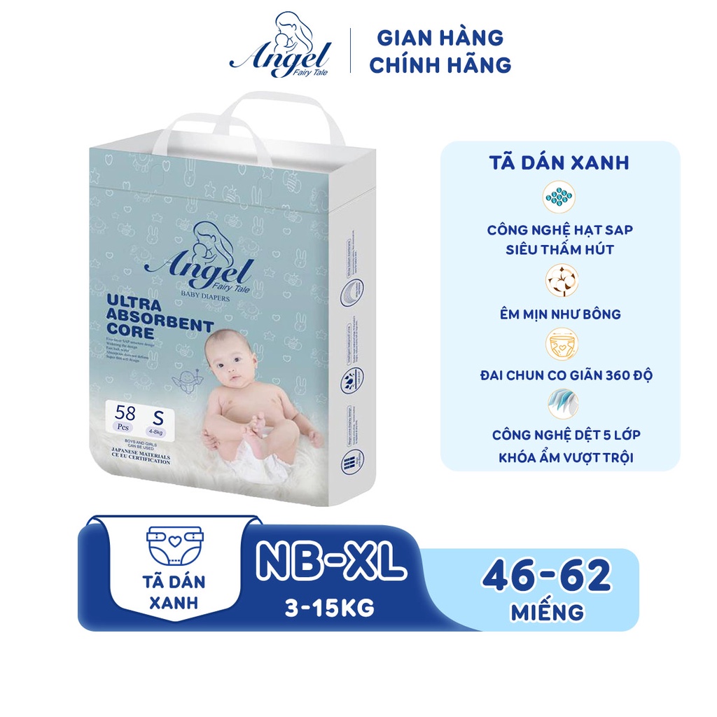 Tã Dán ANGEL Ultra Absorbent Core Size NB62- S58-M54-L50-XL46