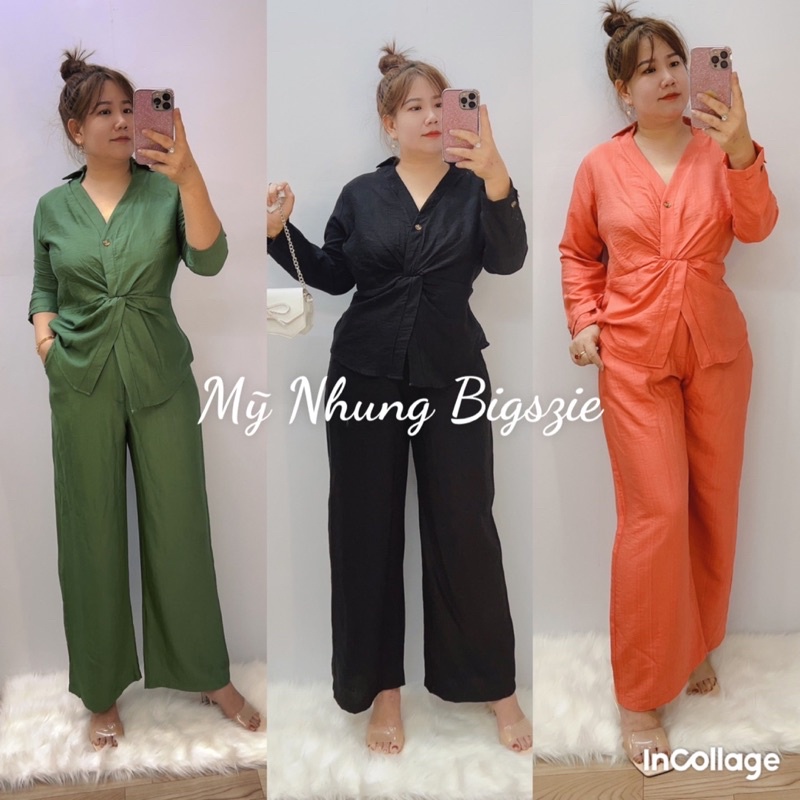 Sét Bộ Sơmi Áo Xoắn Eo+Quần Suông Bigszie 68kg đến 95kg