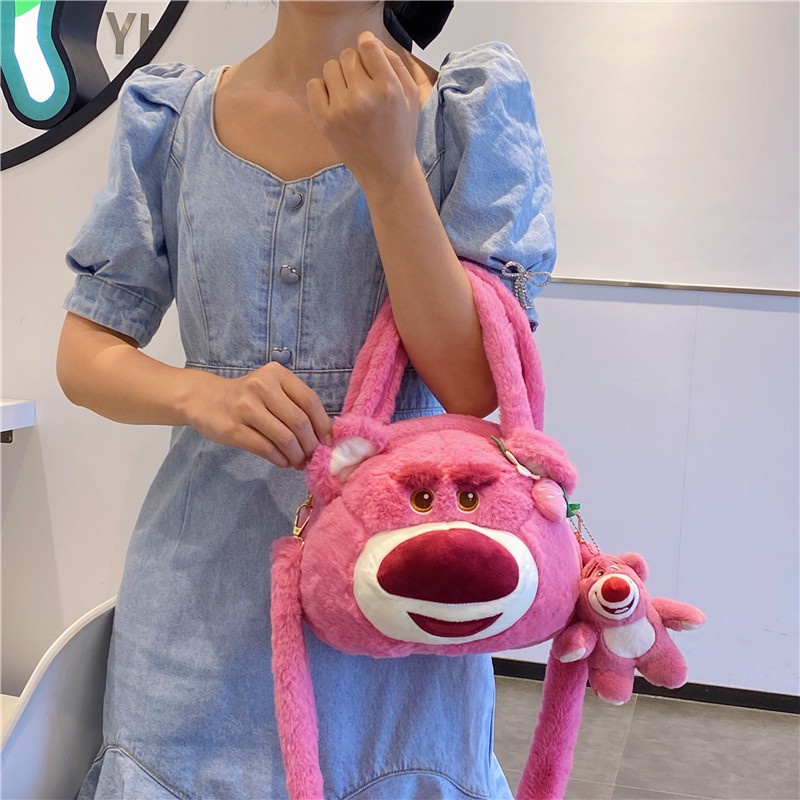 Túi xách đeo vai phủ lông họa tiết Gấu Dâu Lotso đáng yêu cỡ lớn 25cm cho nữ _ Ting Ting