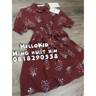 Váy viscose hoa nhí đỏ buộc eo bé gái