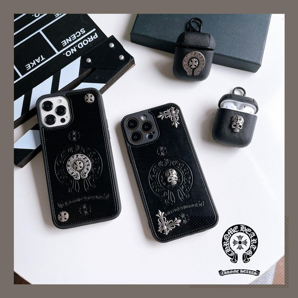 Ôp da đen đầu lâu Chrome hearts, ! Ốp lưng dành cho điện thoại iPhone 14prm 13prm  12/12Pro/12promax 12 11  Pro X XS