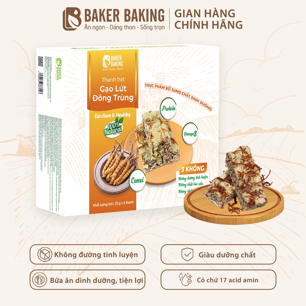 Thanh hạt gạo lứt đông trùng Baker Baking 25g phù hợp tập luyện, ăn kiêng, tăng cơ