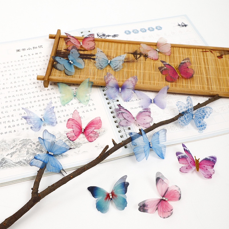 Set 100 bướm vải voan 2 lớp đính đá bướm voan 3D