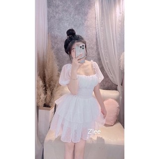 Váy tơ chấm bi xòe tầng