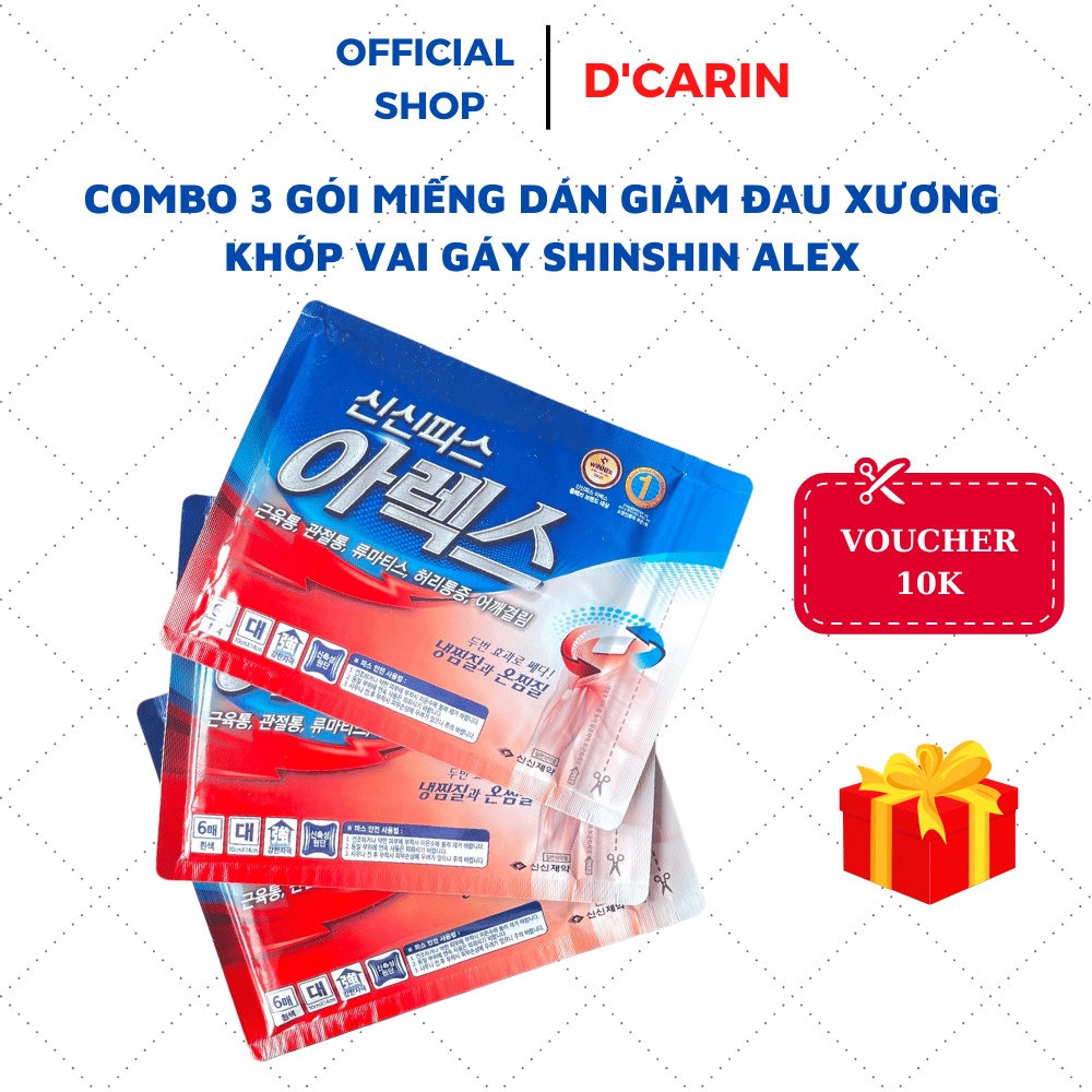 COMBO 3 GÓI MIẾNG DÁN GIẢM ĐAU XƯƠNG KHỚP, VAI GÁY ALEX SHINSHIN HÀN QUỐC HỘP 6 MIẾNG D'CARIN