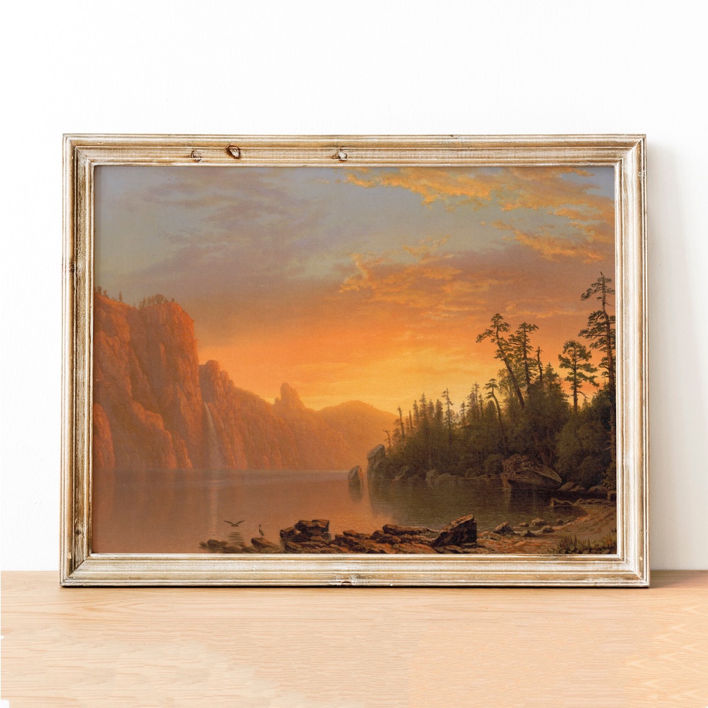 Tranh treo tường, Vintage Muted Landscape Art Antique Lake Landscape Painting Sunset Painting Wall Art Nature.