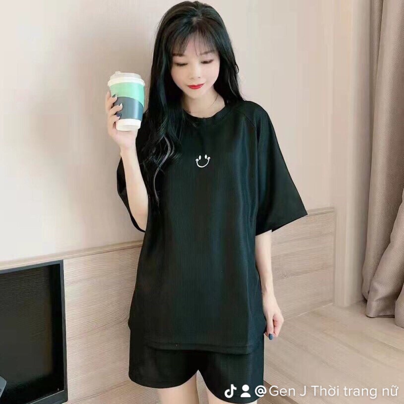 (Chun buộc tóc)Đồ bộ nữ quần đùi mix áo phông tay lỡ thêu mặt cười cute, mặc mùa hè, ở nhà phong cách ulzzang