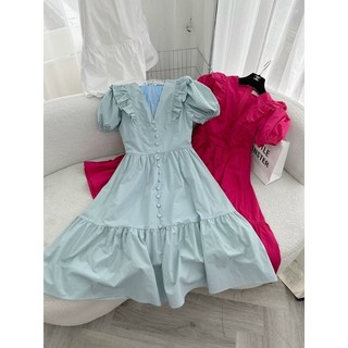 ĐẦM MiDI CỔ V VIỀN BÈO NÚT BỌC🤍