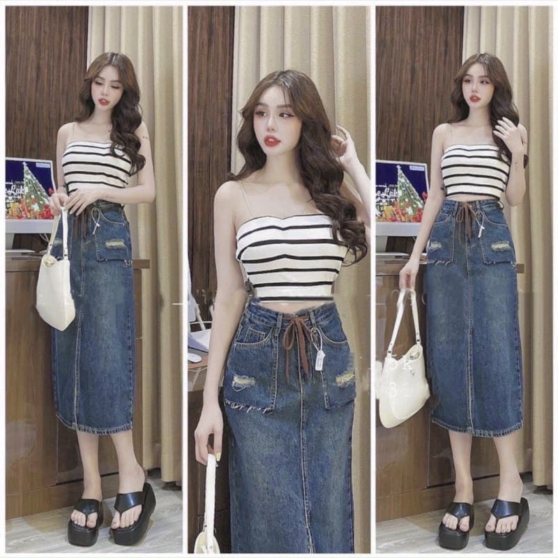 CHÂN VÁY JEAN DÀI ĐẮP CHÉO RÁCH DÂY CỘT NƠ Y HÌNH LYIE