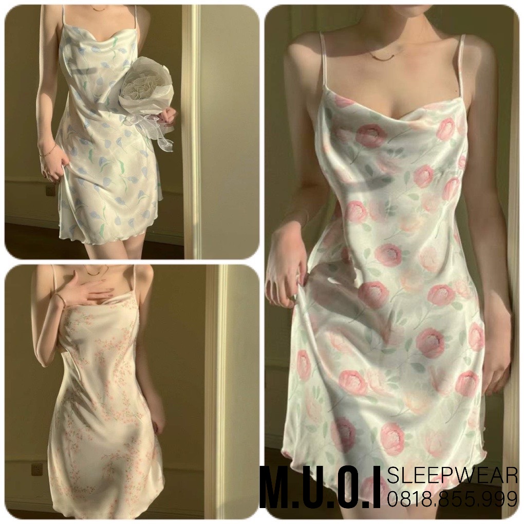 Váy ngủ lụa hoa 3D xẻ đùi sexy cổ đổ ngực 2023❤️FREESHIP❤️Đầm mặc nhà gợi cảm QUẢNG CHÂU Muối store SX 230 ( video- ảnh)