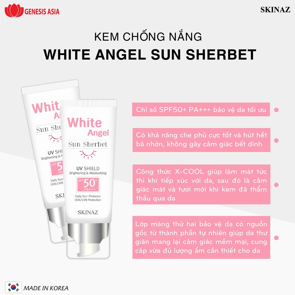 Kem Chống Nắng White Angel Sun Sherbet Skinaz Hàn Quốc SPF 50,PA+++  70ml