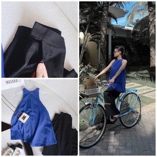 Set áo yếm không tay nút bọc lưng kèm quần suông đen