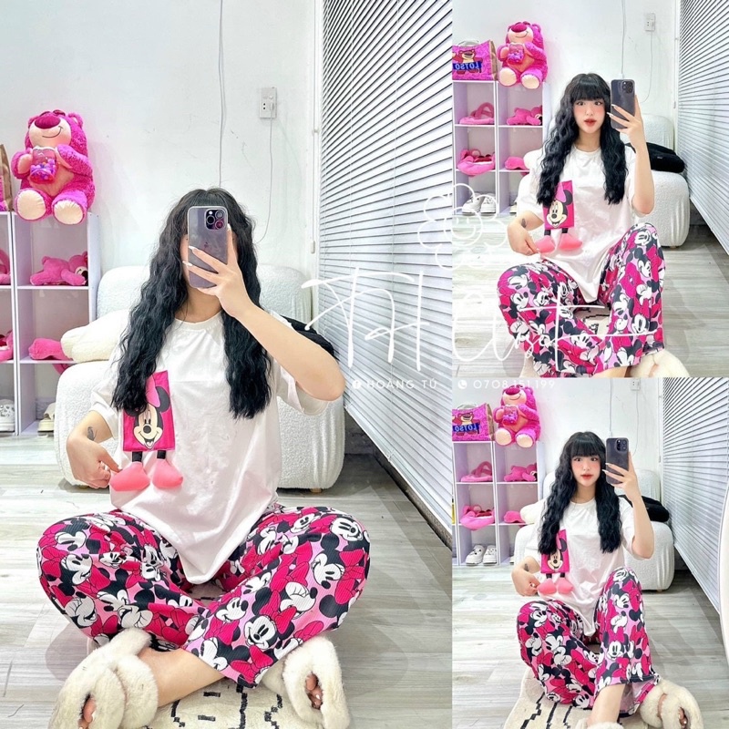 Set Bộ Thun Phông Micky Hồng Nổi Ống Xuông