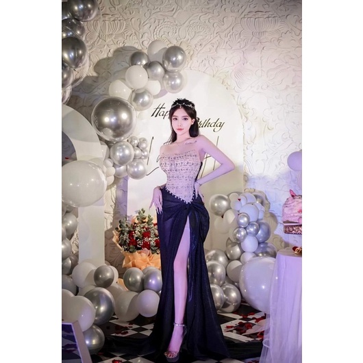 Đầm da hội kim sa đá đính đá cao cấp kem hình thật