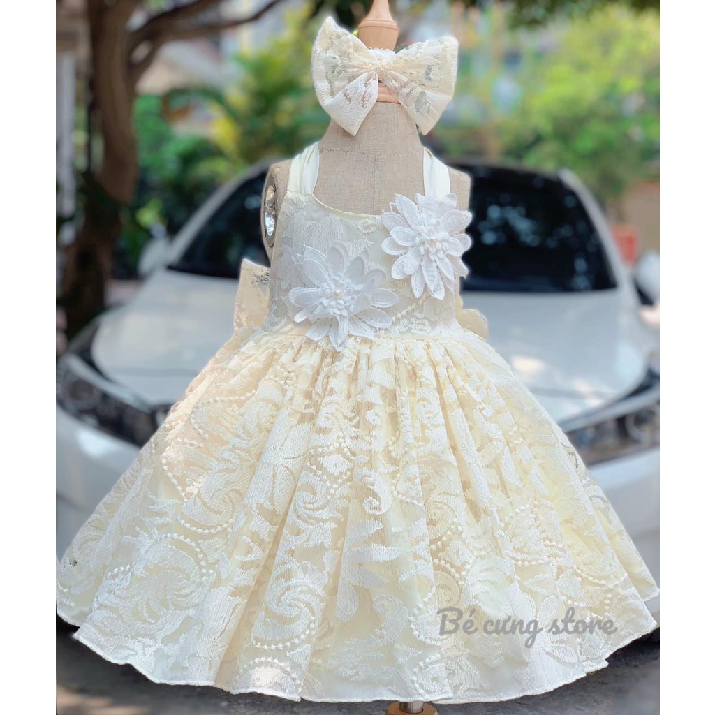 Váy dây cột nơ c.ổ hai bông hoa sang chảnh 4.5-14 kg