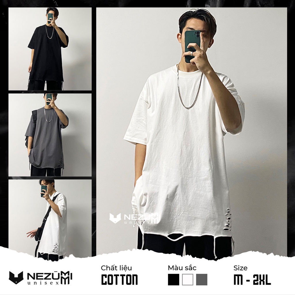(Sẵn đen, trắng) Áo thun tay lỡ rách gấu tạo layer hiphop đường phố - Áo phông unisex nam nữ