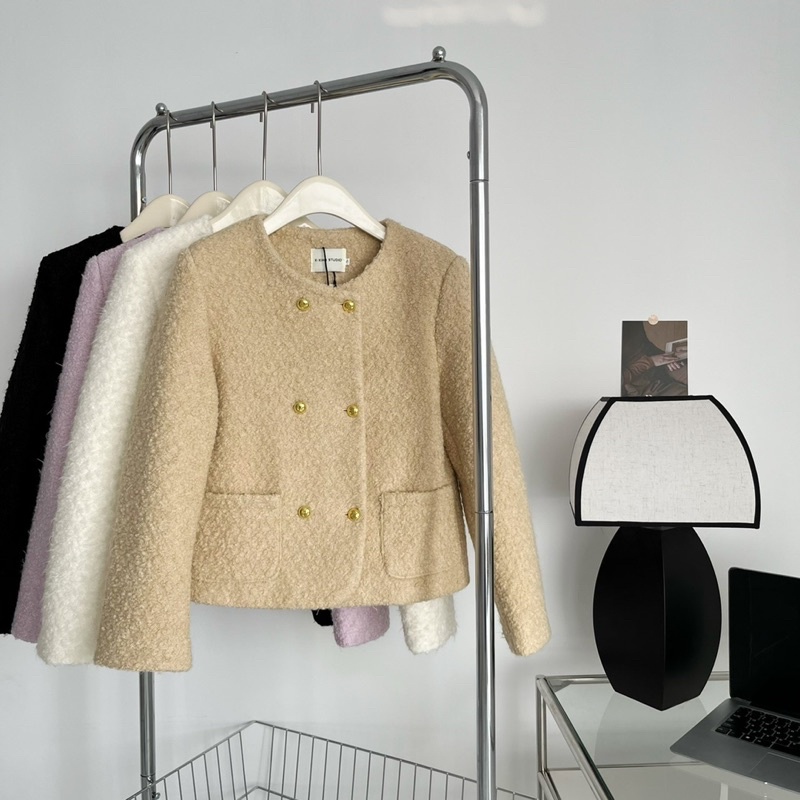 Áo khoác dạ tweed nữ khoác ngoài cổ tròn khuy mạ vàng dài tay sang trọng