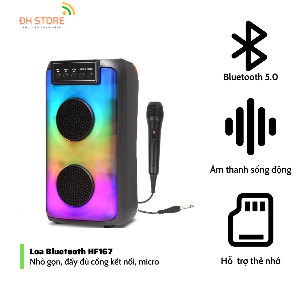 Loa Kéo Bluetooth Karaoke Không Dây HF167 Bass Mạnh Công Xuất Lớn LED nháy theo nhạc, Chính hãng
