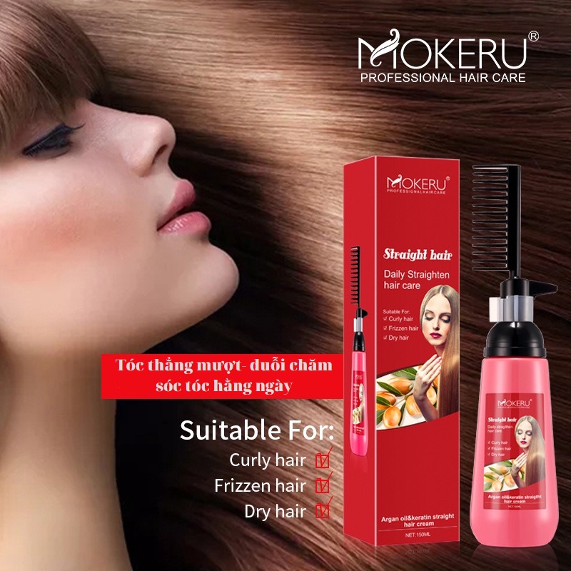 Mokeru Kem Duỗi Tóc Thẳng Mượt 150Ml, Kem Duỗi Tóc Collagen Làm Mịn Nhanh Nuôi Dưỡng Dành cho tóc xoăn