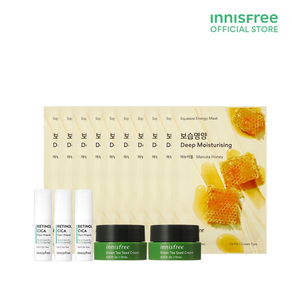  Bộ kit dưỡng da phục hồi & làm dịu da kết hợp innisfree Retinol Cica Repair & Green Tea, Honey Gift Set