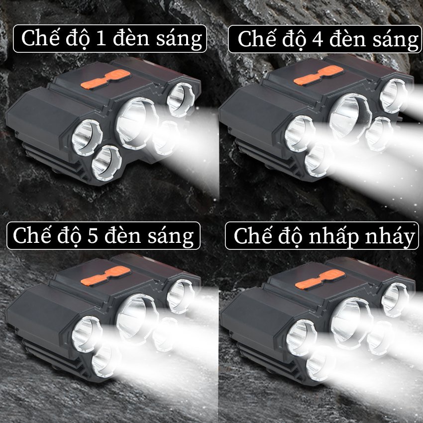 Đèn Pin Đội Đầu, Đeo Trán 5 Bóng, Đèn Pin Siêu Sáng Tích Điện Chống Nước Thích Hợp Đi Dã Ngoại