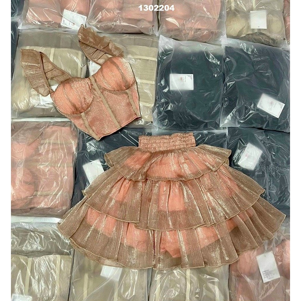 Set kiểu nữ xinh set tơ nhũ 2 dây phối chân váy tầng trẻ trung dễ thương