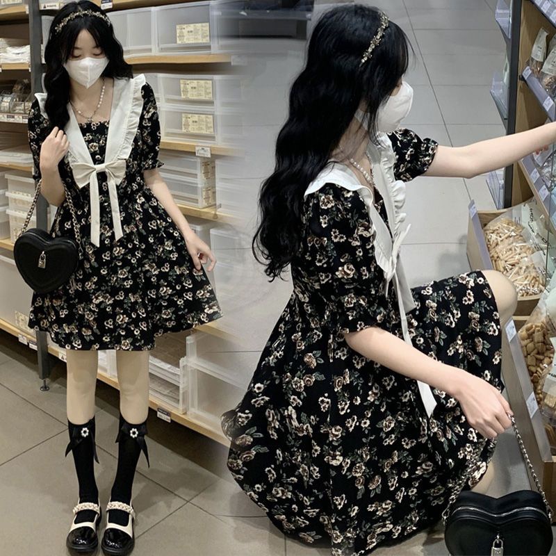 Đầm Ngắn Cổ Thủy Thủ Màu Đen Họa Tiết Hoa Xinh Xắn Thời Trang Mùa Hè Theo Phong Cách Pháp