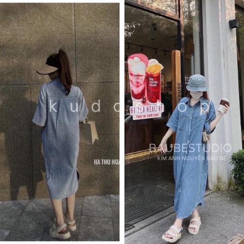 Váy sơ mi jean 2 túi dáng dài qua gối retro, váy sơ mi suông ngắn tay thiết kế cổ Đức bigsize style Hàn Quốc KUDOSHOP