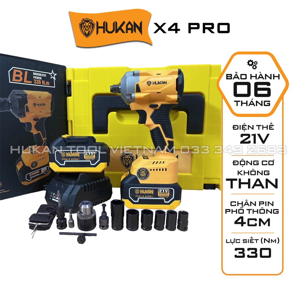 Máy siết bulong pin HUKAN X4 PRO Tặng Bộ đầu chuyển 13S và 6 Đầu khẩu Lực siết 330NM Động cơ Không chổi than