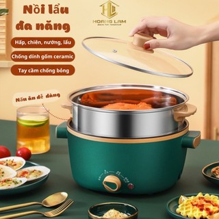 Nồi lẩu điện đa năng mini kèm giá hấp inox, có lớp chống dính ceramic. nấu lẩu, nướng, chiên, xào cực kỳ tiện lợi