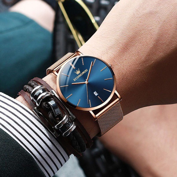 Đồng hồ nam cao cấp ECONOMICXI dây thép mành chạy lịch ngày mặt phối màu cao cấp WECO89