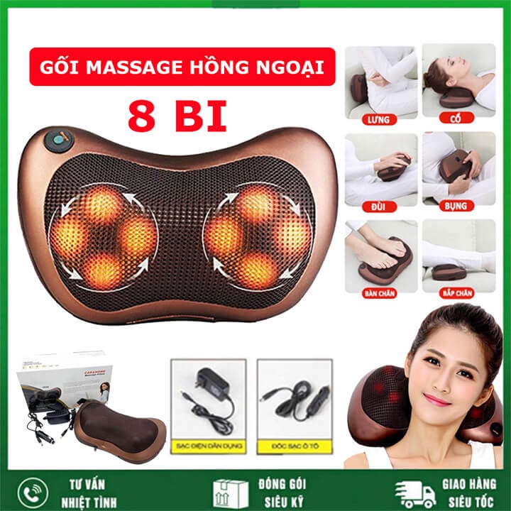 Gối Massage Hồng Ngoại 8 Bi Cao Cấp, Gối Massage Cổ Vai Gáy, Máy Mát Xa Toàn Thân Đa Năng Dùng Được Trên Xe Ô Tô