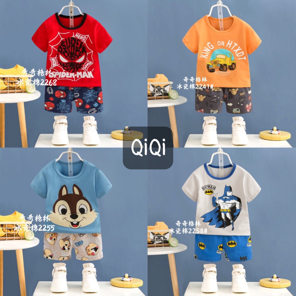 (QiQi 16-25kg) Đồ bộ Quảng Châu QiQi xuất hàn - Bộ cotton cộc tay QiQi xuất Hàn cho bé trai 4-6 tuổi