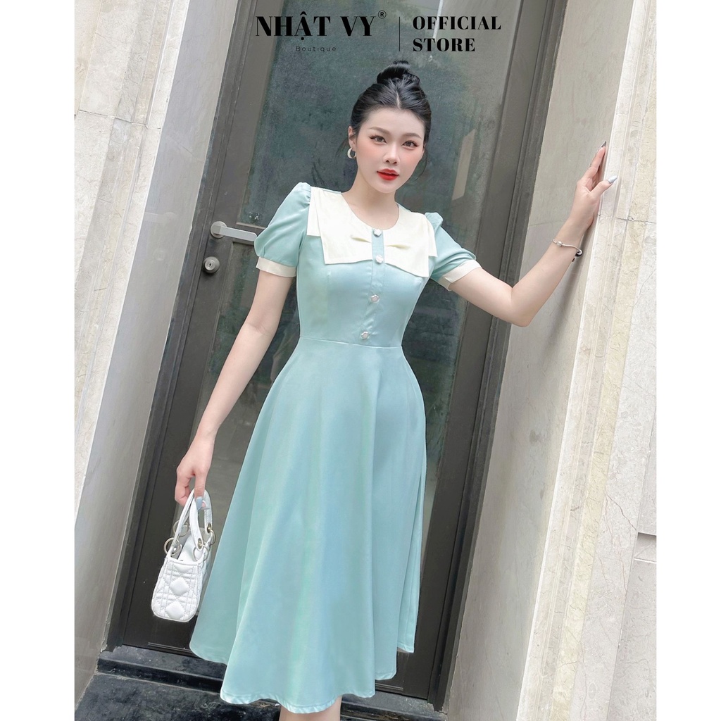 Đầm đi chơi Nhật Vy tay ngắn cổ tim đính cúc phối bèo nơ 2 tầng dáng xoè chất lụa phù hợp công sở cafe - D2643