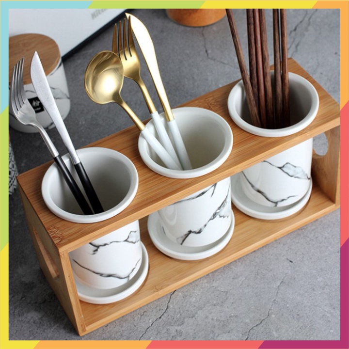 BỘ 3 ỐNG ĐỰNG ĐŨA VÀ KHAY GỖ PHONG CÁCH TÂY ÂU WHITE MARBLE 🔝🔝