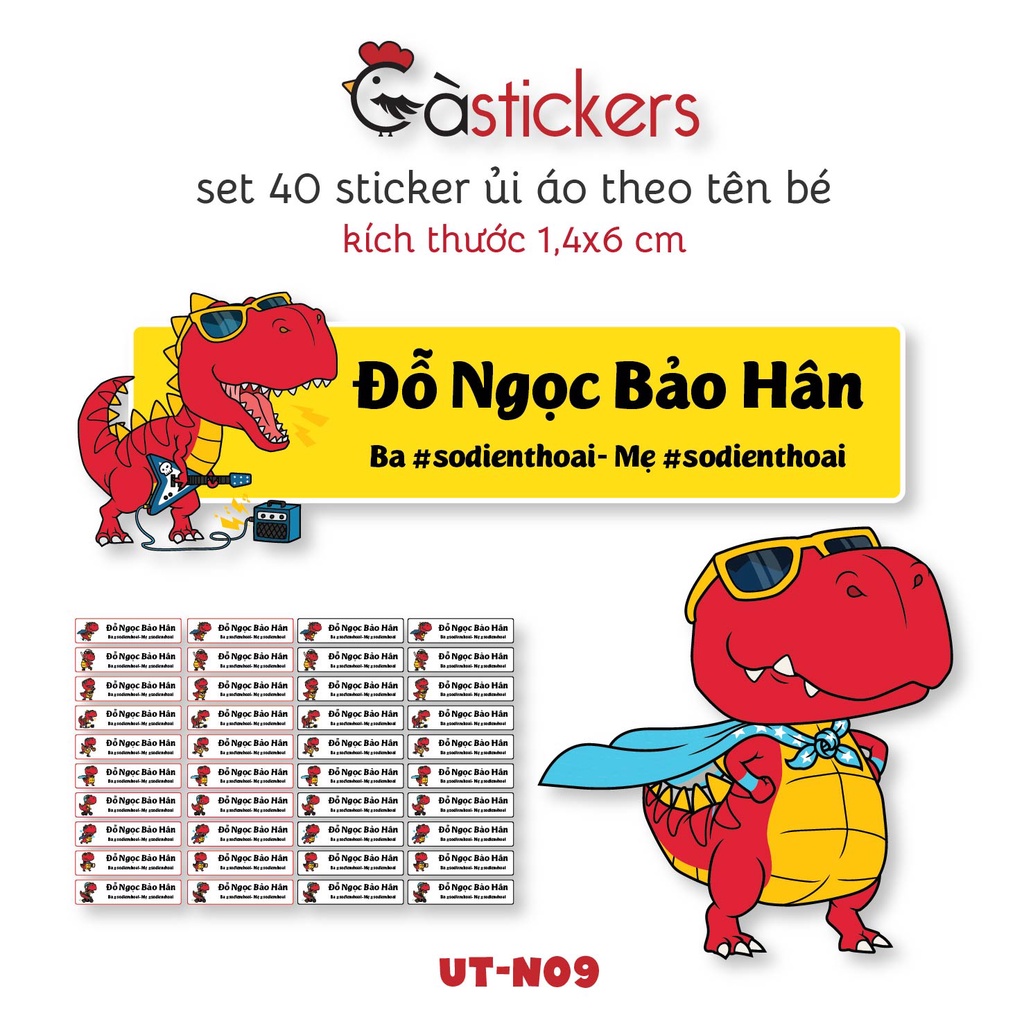 Sticker ủi áo in tên trẻ em GaStickers UT-N09- bộ 40 miếng kích thước 1,4 x 6 cm