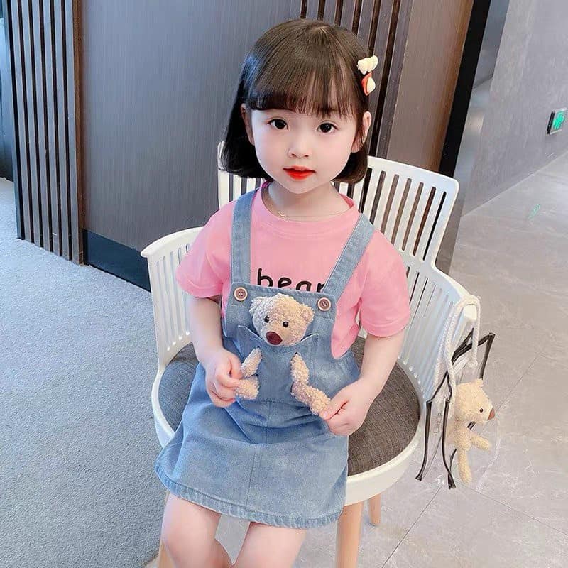 Set yếm bé gái, set yếm kèm áo và gấu cho bé