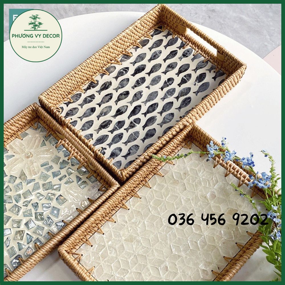 Khay mây decor, giỏ đựng đồ trang trí, Khay trà trang trí bàn ăn, phụ kiện chụp ảnh bằng mây khảm trai hình chữ nhật