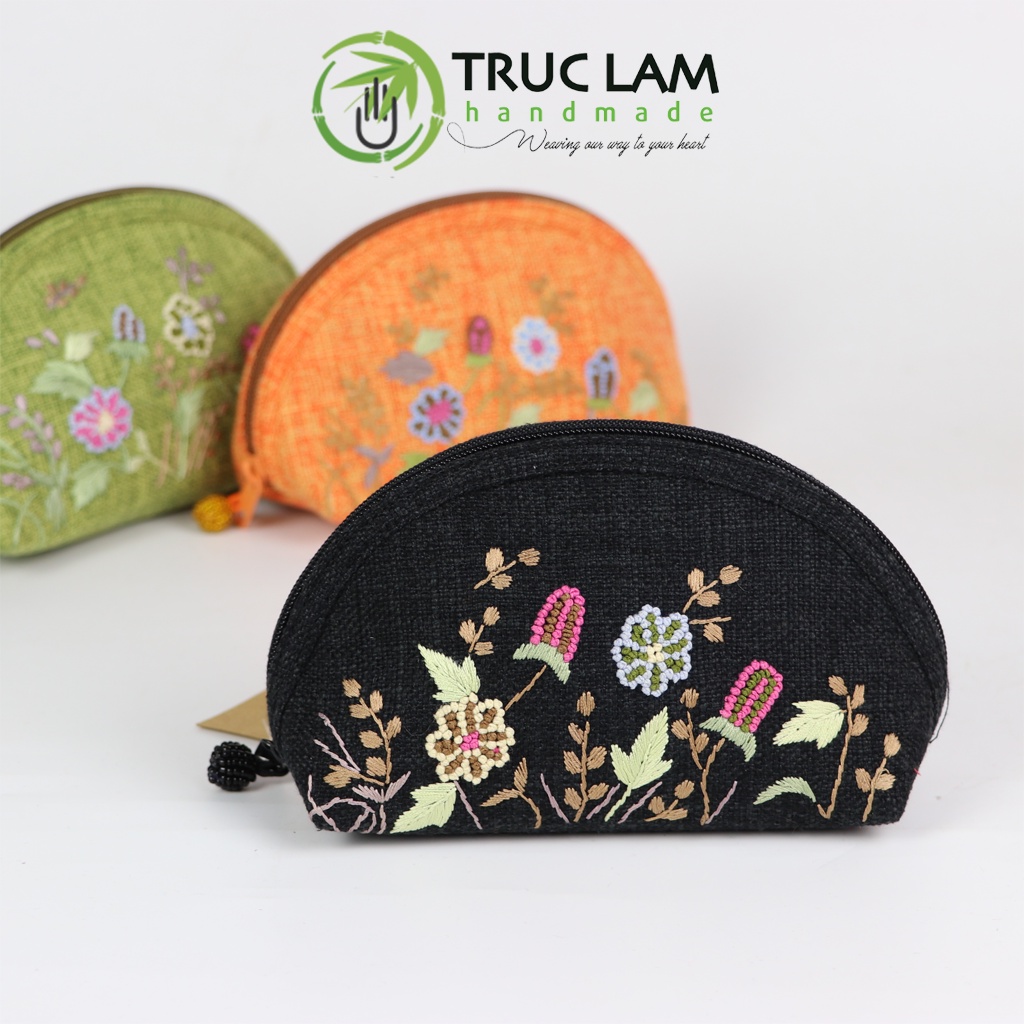 Ví Cầm Tay Nữ Ví Sò Vải Gai Họa Tiết Hoa Cỏ Thêu Tay Hai Mặt Họa Tiết Hoa Cỏ Trúc Lâm Handmade THEUV42