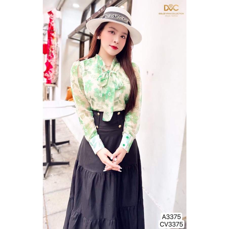 SET ÁO SƠ VOAN HOA XANH KỀM CHÂN VÁY ĐEN S3375- DVC