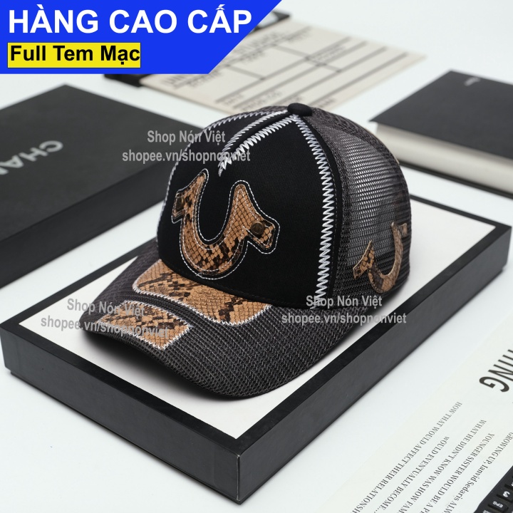 Mũ Lưỡi Trai Nón Kết Ông Địa True Religion Thêu Da Rắn Phối Lưới Thoáng Mát Vải Kaki Cotton Đen Kẻ Sọc Form Đứng T