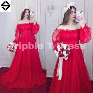 Đầm cưới trễ vai lưới tay dài bo eo con kiến TRIPBLE T DRESS - size S/M/L -MS165Y