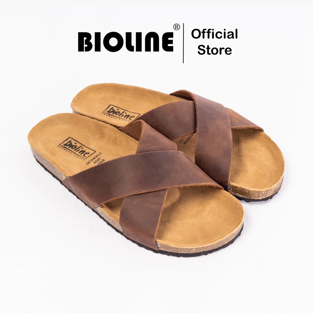 ( Mẫu Da Thật ) D03 - Dép Birken Đế Trấu BIOLINE Official Thiết Kế Unisex Quai Chữ X Da Bò Thật