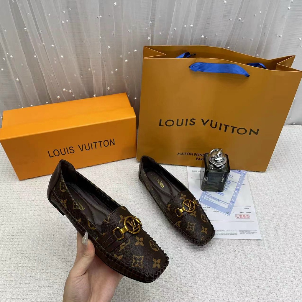 Giày bệt nữ hoa nâu viền nhúm khóa chữ tròn Nguyên hộp hãng cao cấp