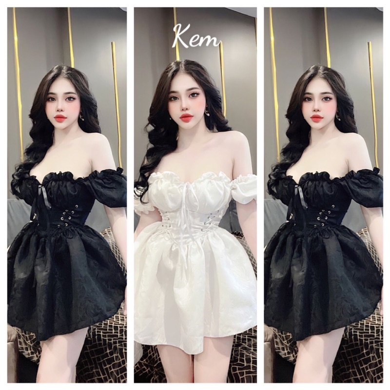 Đầm trễ vai đan dây chân bồng dễ thương kèm video cận chất