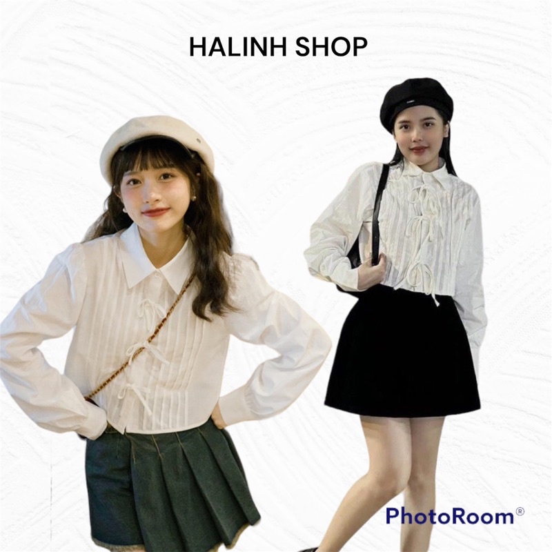 Áo Sơ Mi Croptop Chiết Ly Ngực Kèm Thắt Nơ Trắng Dài Tay Size S M -Halinh Shop