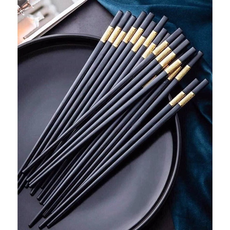 Bộ 10 đôi đũa ăn nấu bếp đen hợp kim sợi thủy tinh đầu mạ vàng chịu nhiệt chống trơn mốc cho gia đình quán ăn nhà hàng