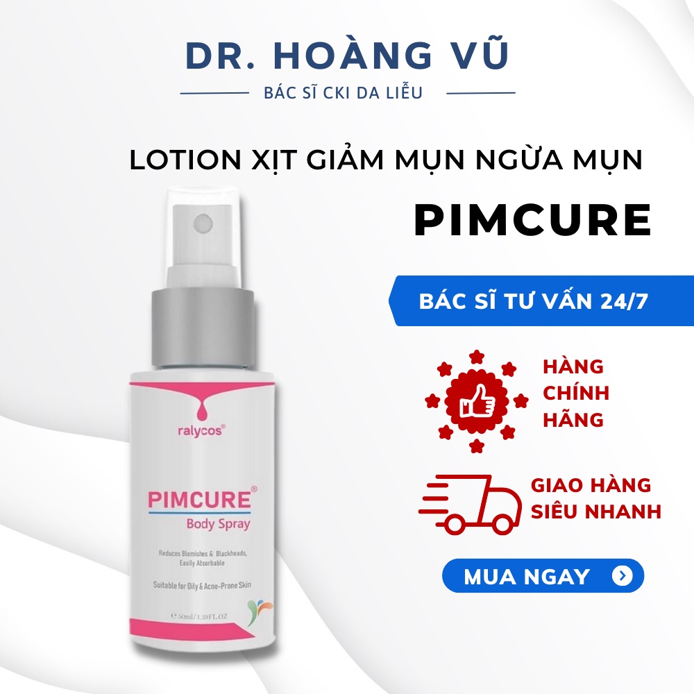 Lotion Xịt giảm mụn ngừa mụn Pimcure body spray 50ml, giảm mụn trứng cá, mụn lưng - Dr. Hoàng Vũ