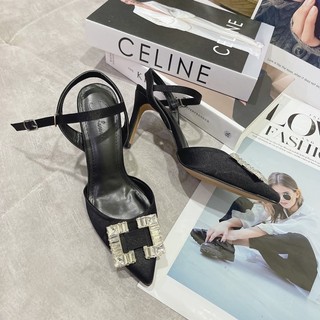 Sandal cao gót lụa khoá đính đá sáng cao cấp