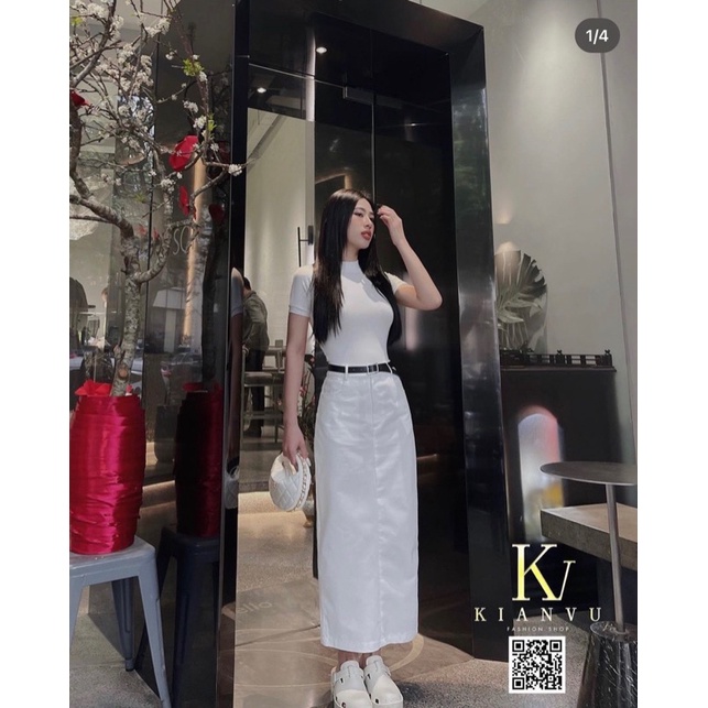 SET ÁO THUN TRẮNG CỔ TRÒN CHÂN VÁY MIDI JEAN KÈM NỊT 🍂